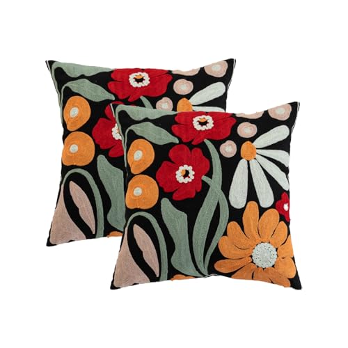 YIcabinet Pack of 2 Throw Pillow Covers,Colorful Flowers Embroidered Pillow Case Soft Decorative Pillowcases for Home Sofa Couch 18x18 Inch - color: Black16