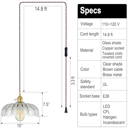 Plug-in Pendant Light Fixture, Hanging Light Fixture, Glass Pendant Light, Swag Lamp with Inline On/Off Switch for Kitchen Island, Bedroom, Dining Room, Living Room (Clear, 15 Ft Cord) - color: Clear, size: 15 ft