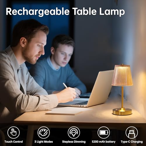 Shenmoyl Cordless Touch Table Lamp with 5200mAh Battery - 3 Adjustable Color Temperatures & Dimmable, Rechargeable Desk Lamp for Bedroom, Living Room, Office, Entryway, Bookshelves (Amber Stripe) - color: Amber Stripe