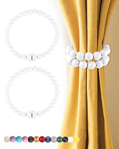 White Curtain Tiebacks Wood Bead: Strong Magnetic Boho Curtain Tiebacks Holders, Decorative Curtain Tie Backs Magnetic Curtain Holdbacks for Boho Bedroom Living Room Nursery Decor - color: White