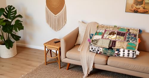 CRAFT KALA Indian Square Patchwork Traditional Pouf Cover Indian Living Room Poufs Decorative Embroidered Designer Ottoman Home Living Footstool Chair Cover Decor Pillow Cover 18x18x5 inches, Camel - color: Camel, size: 18"D x 18"W x 5"H
