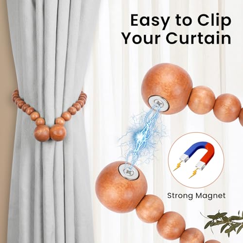 KLOGTSIND Magnetic Curtain Tiebacks, Curtain Tie Backs for Curtains 2 Pack, Wood Bead Curtain Tiebacks, Curtain Holders for Boho Bedroom Decor, Baby Nursery Decor, Farmhouse Decor - color: Brown