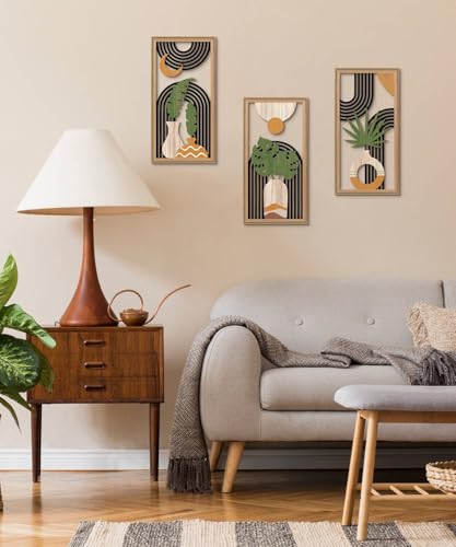 Putuo Decor Boho Abstract Wall Art Set of 3, Modern Minimalist Wooden Wall Decor, Geometric Aesthetic Botanical Artwork, Mid-Century Modern Design for Living Room, Bedroom, Office, Black 16.5 x 8.6 - color: Black