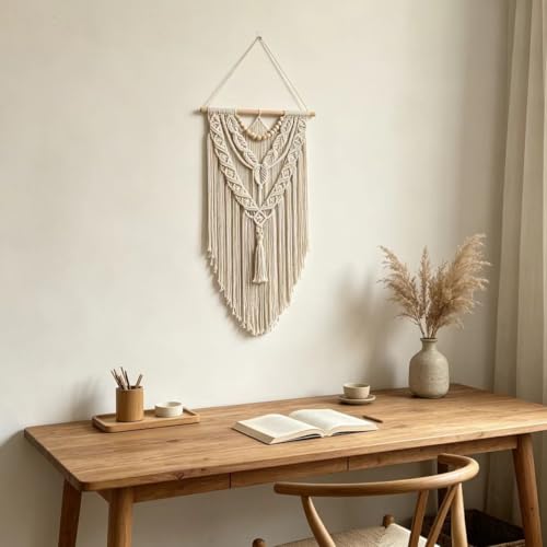 Macrame Wall Hanging Boho Geometric Woven Tapestry Cotton Handmade Bohemian Art Decor with Wood Bead Wall Decor for Bedroom Living Room Apartment Nursery 31.5" L x 17" W (Wood Bead-Y) - color: Wood bead-Y