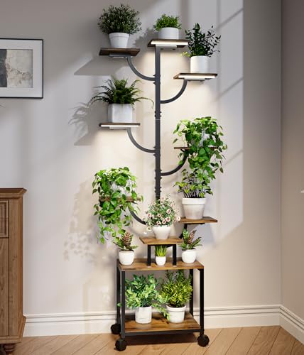 Plant Stand Indoor with Grow Lights - 9-Tier Plant Stand with Wheels, Tall Metal and Wood Indoor Plant Shelf with Tree Design, Rolling Flower Pot Holder Rack with Waterproof Finish, Adjustable Display Stand for Home Garden, Patio, 62" Tall - size: 62in