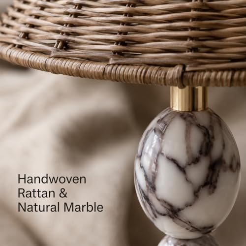Calacatta Marble Table Lamp with Hand-Woven Rattan Shade, Vintage Stone Lamp with 3 Color Temperatures, Luxury Light for Bedroom Living Room - size: 15.3in