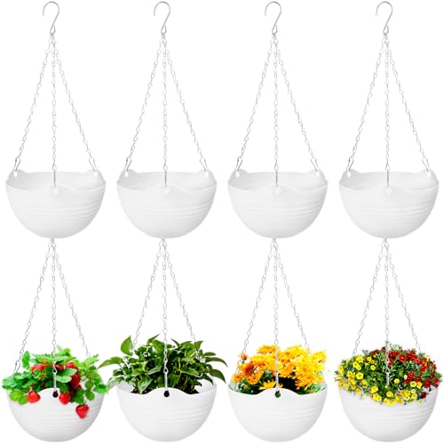 Bvrbaory 8 Pack Hanging Planter Pots,Self-Watering Flower Pot with Water Tray & Metal Chain,White Plastic Hanging Plant Pots for Indoor Outdoor Garden Decor,8 Inch - size: 8 Pcs White