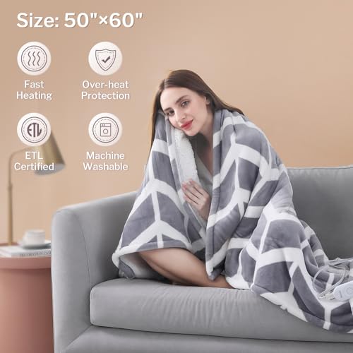 VENTIMI Electric Blanket Heated Throw, 50" x 60" Heated Blanket with 5 Heat Levels & 3 Hours Auto Off, Fast Heating Blankets with ETL & FCC Certification, Grey - color: Grey, size: Throw