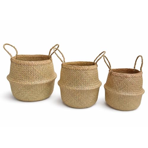 Seagrass Plant Basket Set of 3 with Handles – Handwoven Woven Basket Planter, Indoor Plant Basket & Plant Holder Basket, Natural Fiber Wicker Plant Pot Basket for Boho Farmhouse Home Decor - size: Set of 3 (with handles), style: With handles