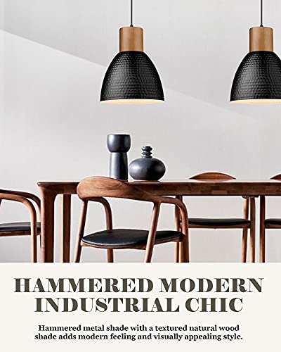 ELYONA Hammered Pendant Light, 10.2” Industrial Hanging Lamp with Solid Wood & Metal Shade, Modern Pendant Light Fixtures for Kitchen Island, Bar, Farmhouse Dining Room, Bedroom, Living Room, Black - color: Black - 1 Pack