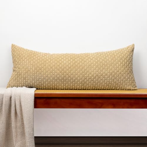 JoraLion 14x36 Boho Decorative Lumbar Throw Pillow Cover, Khaki Cozy Soft Striped Corduroy Long Rectangle Cushion Case Accent Home Decor for Sofa Bed Room Livingroom, ONLY Cover - color: Khaki, size: 36" x 14" (Pack of 1)
