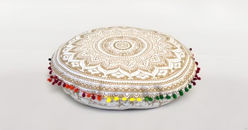Round Mandala Floor Pillow Cover Seating Cushion Throw Cover Hippie Decorative Bohemian Ottoman Pouf Cover, Pom Pom Pillow Cases,Boho Indian 22 Inches (White Gold) - color: White Gold