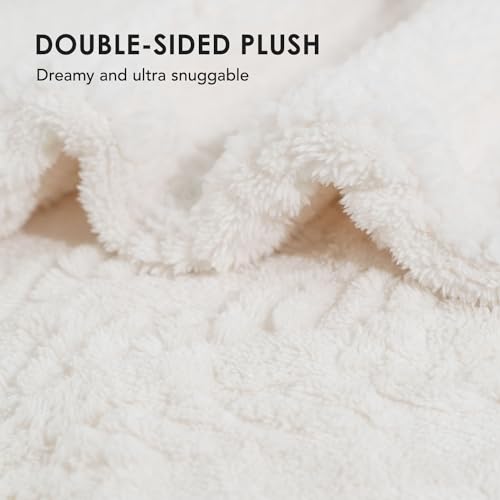 EverGrace Cable Jacquard Sherpa Fleece Throw Blanket for Couch, Super Soft Cozy Fuzzy Plush Blankets for All Seasons, Reversible Thick Warm Blanket for Bed, Sofa, Living Room, Ivory White, 50" x 60" - color: Ivory White, size: 50x60 Inches