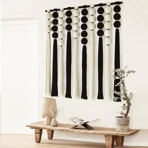 IOWER Large Macrame Wall Hanging Macrame Wall Decor Black and White Sphericity Cotton Textile Wall Hanging Boho Wall Decor Art Fiber Yarn Art Handmade 39" Wx39 L - color: Black and White