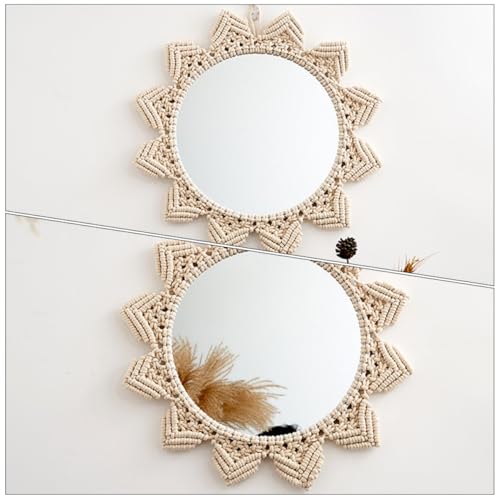 PRETYZOOM Bohemian Style Round Hanging Mirror Woven Cotton Rope Elegant Wall Decor for Bedroom Bathroom Living Unique Handmade Design for Rustic and