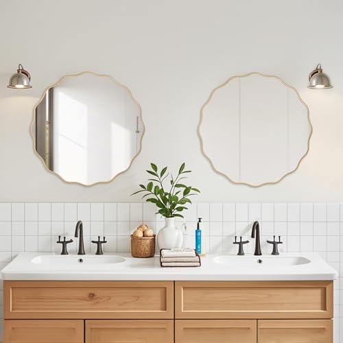 26" Wavy Mirror Scalloped Farmhous Modern Wood Farme Mirror Wall Decor for Bathroom Entryway Living Room Bedroom Hallway - color: Gold, size: 26"L x 26"W