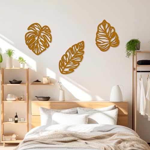 Zzbakress 3 Pcs Wooden Palm Leaves Wall Art Tropical Leaf Wall Art Natural Plant Wall Decor Vintage Wood Hollow Wall Decoration for Living Room Kitchen Bedroom Garden Office (Farmhouse, Leaves-A) (Rustic)