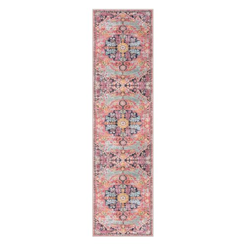 Lahome Reine Boho 2'8"x10' Washable Hallway Kitchen Runner Rugs with Rubber Backing, Bohemian Non-Slip Soft Kitchen Runners, Non-Shedding Stair Carpet Runner for Hall Bathroom, Fuchsia/Multi - color: Fuchsia/Multi, size: 2'8" x 10' (Runner)