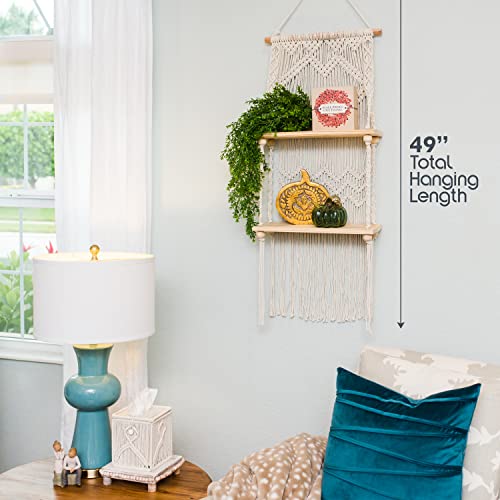 SnugLife 2 Tier Macrame Wall Hanging Shelf with Woven Rope - Boho Pine Wood Shelves for Plants, Bathroom, Kitchen - size: 2 Tier
