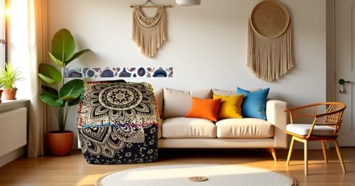 CRAFT KALA Mandala Meditation Floor Pillows Cover Square Pillow Seating Hippie Decorative Adults Bohemian Cushion Cover Outdoor Living Room Throw Ottoman Poufs Cover 18X18X14 inches, Black Gold Flower - color: Black Gold Flower