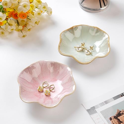 2PCS Lotus Leaf Shape Ring Holder Dish, Small Key Bowl, Ceramic Trinket Tray Jewelry Dish Organizing Necklace Earrings for Mom Friend Sister, All Jewelries Are NOT Included.Pink+Light Green.… - color: Pink+Light Green-Lotus