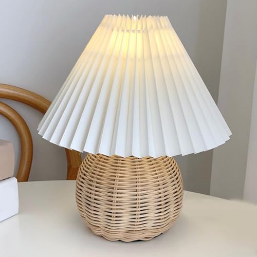 Pleated Table Lamp, Rattan Small Bedside Mini Table Lamp for Bedroom Pleated Table Lamp Handmade Boho Rattan Bedside Lamp Desk Light for Room Desk Entrance 9.4x11.0x5.5in