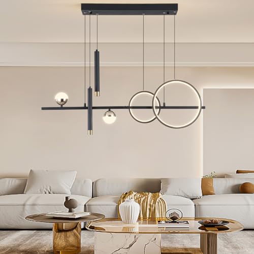 ORANOOR Modern LED Pendant Lights, Dimmable 39in Linear Wave LED Chandelier Lighting, Black & Gold Dining Room Hanging Light Fixtures Kitchen Island Globe Pendant Light for Dining Table (2705lm)