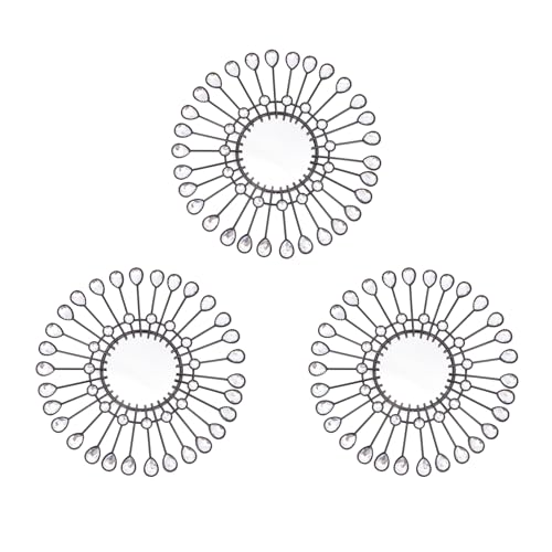 Black Mirrors 3 Piece, Sunburst Mirror Hanging Wall Decor, 9 inch Decorative Mirrors Wall Art, Rhinestone Round Mirror for Bedroom, Valentine, Kitchen, House Warming Valentine Gifts - color: Black- C