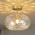 12" Iridescent Rainbow Hammered Glass Ceiling Light, 3-Light Semi Flush Mount Fixture, Modern Gold Lighting for Bedroom, Hallway, Kitchen, Dining Room, Living Room, Foyer - color: Iridescent