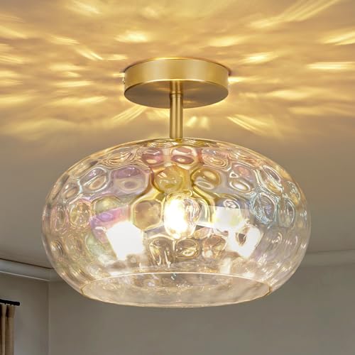 12" Iridescent Rainbow Hammered Glass Ceiling Light, 3-Light Semi Flush Mount Fixture, Modern Gold Lighting for Bedroom, Hallway, Kitchen, Dining Room, Living Room, Foyer - color: Iridescent