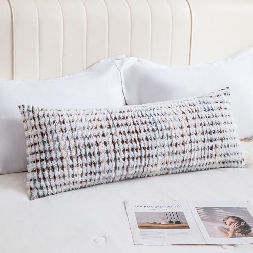 Decorative Boho Lumbar Pillow Covers 1 Pack 14x36 Inch Farmhouse Tufted Long Accent Body Pillow Covers for Bed, Neutral Fluffy Boho Throw Pillowcase for Couch Bedroom, Home Décor, Brown White - color: Brown, size: 36" x 14" (Pack of 1)