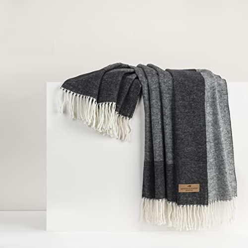 Lands Downunder All-Season, Luxury Graphite Border Herringbone Throw – Soft Woven Throw with Decorative Fringe – Made in Italy – 51”W x 67”L - Perfect for Gifting - color: Graphite