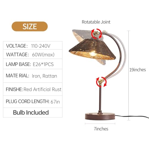 2 Pack Woven Rattan Table Lamp, Boho Plug in Handmade Rattan Shade & Anti-Rust Iron Base Desk Lamp, Plug & Play Vintage Dark Brown Bedside Lamp for Living Room, Office, Bedroom 【Bulb Included】