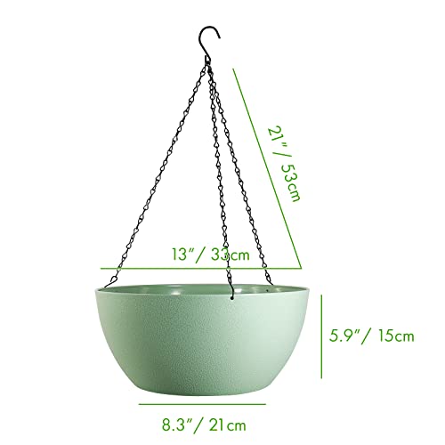 WOUSIWER 13 inch 2 Pack Large Hanging Planters for Indoor Outdoor Plants with Drainage Holes and Chain, Round Hanging Flower Pots for Garden Home Porch Decor, Green - color: Green