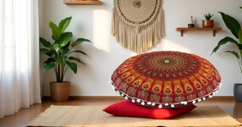 Round Mandala Floor Pillow Cover Seating Cushion Throw Cover Hippie Decorative Bohemian Ottoman Pouf Cover, Pom Pom Pillow Cases,Boho Indian 22 Inches (Red) - color: Red