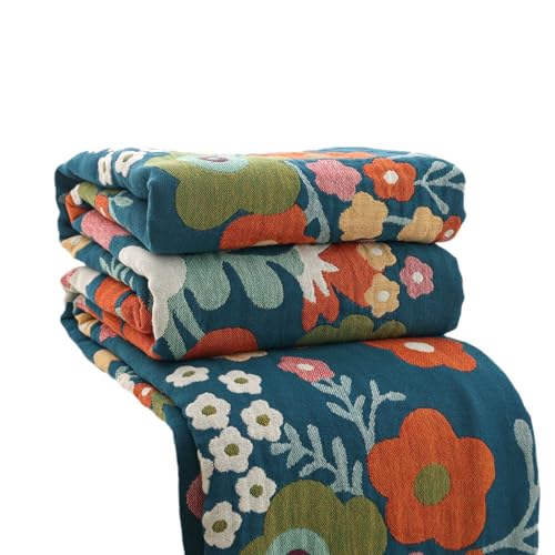 Boho Throw Blanket 60"x80", 100% Cotton Muslin Blankets for Couch Bed Sofa Chair, 4-Layer Soft Cozy Quilt Travel Blanket with Floral, Farmhouse Decor,All Seasons(Blue) - color: Blue Flowers
