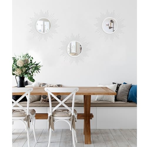 Mirror Wall Decor White Mirrors for Wall Metal Sunburst Mirrors Home Decoration Wall Art Decorative Mirror Suitable for Living Room Bedroom Bathroom Entrance Set of 3 12'' - color: Sunburst-white, size: 3 Set 12"L x 12"W
