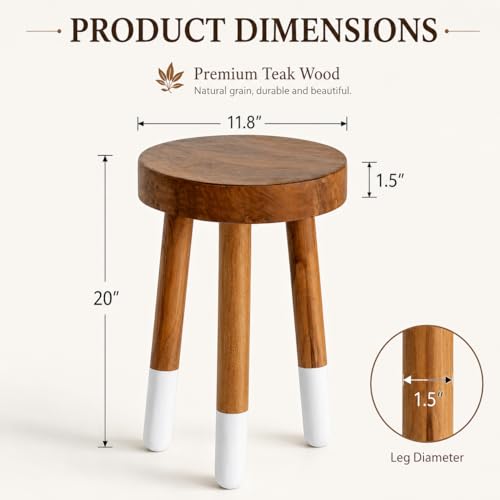 Teak 11.8" Round Dip Dyed Teak Stool | Wood Accent Side Table | Wood Plant Stand (20" Tall White) - color: 20" Tall White