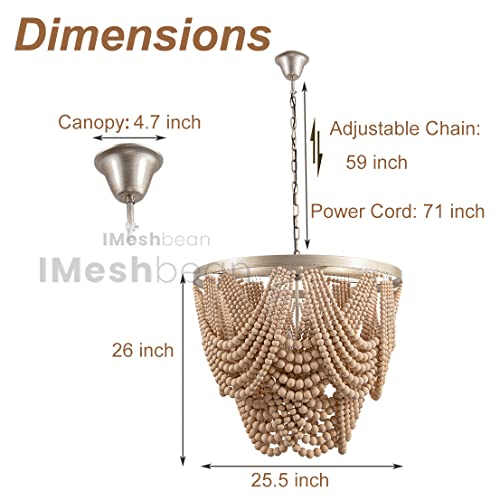 Boho Wood Beaded Chandelier Light Fixture，Large 25.5 inch Bohemia Bead Chandelier Rustic Farmhouse Ceiling Light Fixture for Dinning Room Bedroom Living Room (Oak) - color: Oak 25.5"
