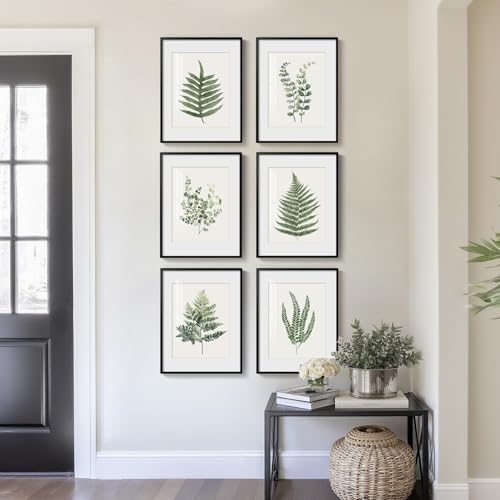 Framed Green Tropical Fern Botanical Wall Art, Set of 6 Nature Ferns Leaf Painting Prints Artwork, Plant Leaves Picture for Modern Farmhouse Living Room Bedroom Bathroom Kitchen Home Decor, 11x14 - color: Green Ferns - Black Framed, size: 11" W x 14" H x