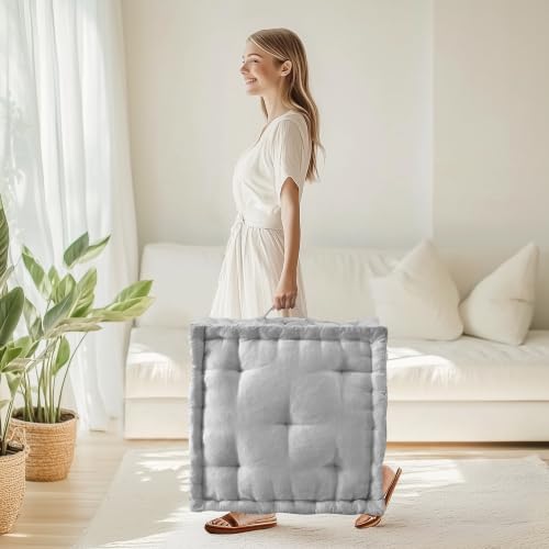 Intelligent Design Floor Pillow - Shredded Foam Filled Meditation & Yoga Cushion, Chenille Tufted, Handsewn Scalloped Edge, Oeko-TEX Certified, Azza, 24" x 24" x 5" Grey - color: Grey, size: 24"W x 24"L x 5"H