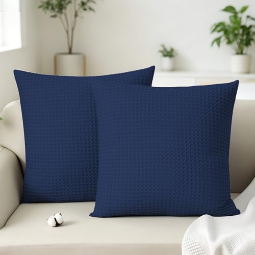 100% Cotton Waffle Weave Throw Pillow Covers Set of 2, 600TC Solid Reverse Side, Hidden Zipper Closure, Skin-Friendly & Durable Decorative Euro Shams for Couch Sofa Bed, Navy Blue, 22"x22" - color: Navy Blue, size: 22" x 22" (Pack of 2)