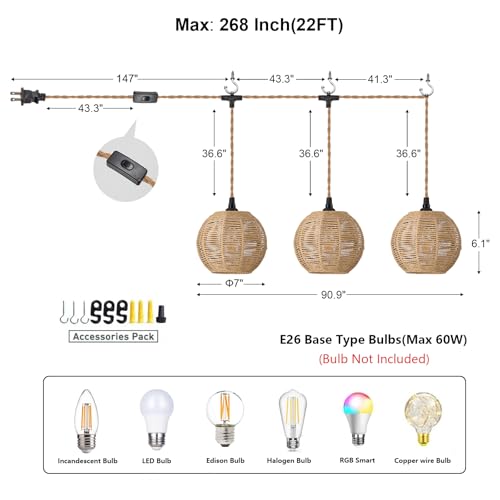 3 Lights Plug in Pendant Light with Cord On/Off Switch Rattan Hanging Lamp with 22ft Hand Woven Wicker Plug in Chandelier Boho Hanging Lights Fixture for Bedroom Kitchen Hallway Foyer - size: Plug 3 Lights Round