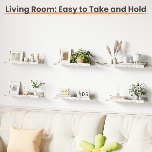 upsimples Floating Shelves for Wall, Wall Shelves for Decor Storage Set of 6, Wall Mounted Wood Shelf for Bedroom, Living Room, Bathroom, Kitchen, Picture Ledge Shelf, Rustic White - color: Rustic White, size: 15.7in