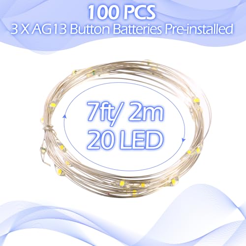Hortsun 100 Packs Fairy Lights Battery Operated 3 Speed Modes, 7 Ft/ 2 M 20 LED Battery String Mini Waterproof Wire Twinkle Lights Bulk for Wedding Party Birthday Vases Decor (Cool White) - color: Cool Light