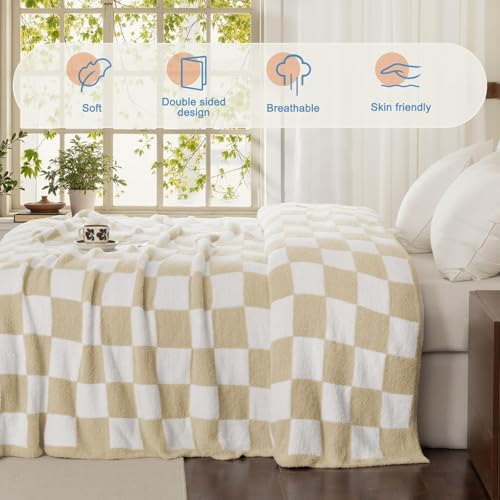 Whale Flotilla Checkered Knit Throw Blanket, Ultra Soft Warm Reversible Cozy Decorative Blankets for Couch Sofa and Bed, 50x60 Inch, Camel - color: Camel Checker, size: 50x60 Inch