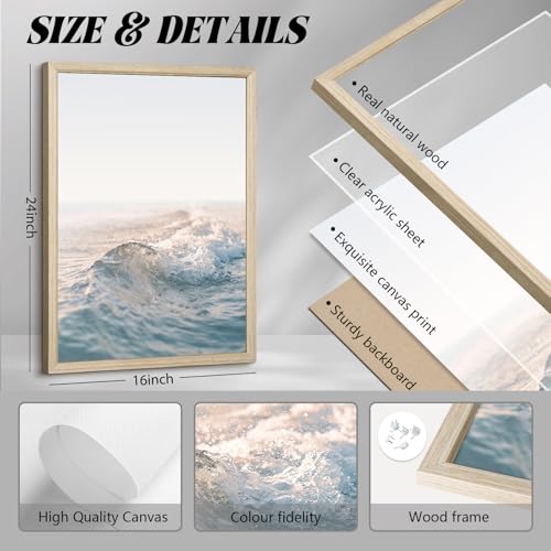 Beach Wall Art Pictures Coastal Canvas Wall Decor Ocean Waves Poster Blue Beach Scene Artwork Palm Tree Art Coastal Landscape Prints for Living Room Bedroom 16x24 Inch Framed Set of 3 - color: Waves Art Prints, size: 16x24 Inch Wood Framed
