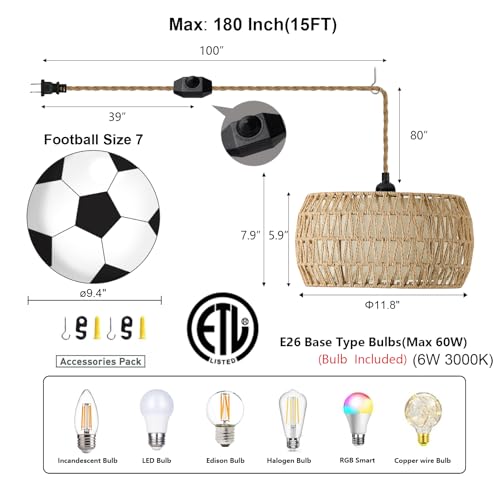 Boho Rattan Pendant Lights Farmhouse 12 Inch Plug in Chandelier Light Fixture Rustic Wicker Hand Woven Pendant Hanging Light with Cord for Dining Room Kitchen Bedroom Foyer Hallway - size: 12 Inch Plug in