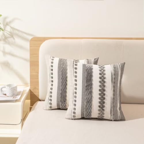 Boho Throw Pillow Covers 18x18 Set of 2 Farmhouse Decorative Cushion Case Striped Square Pillows Cover Chenille Pillow Cases Accent Neutral Pillowcase for Sofa Couch Bed,Gray - color: Gray Stripe