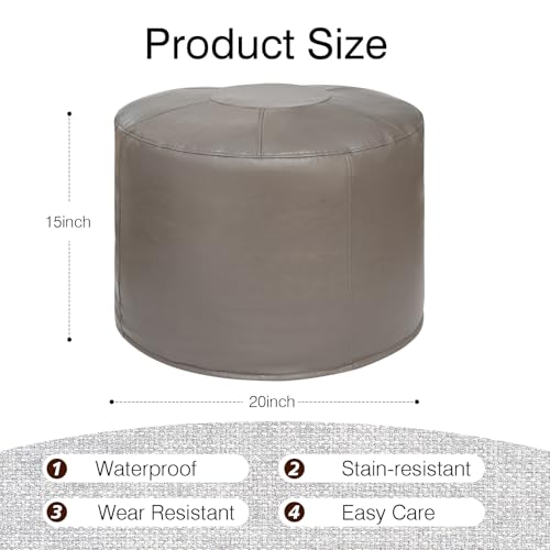 Unstuffed Ottoman Pouf Cover 20 X 15 Inch, Round Pu Leather Foot Stool, Floor Bean Bag(No Filler), Foot Rest with Storage for Living Room/Bedroom/Office, Gray - color: Grey